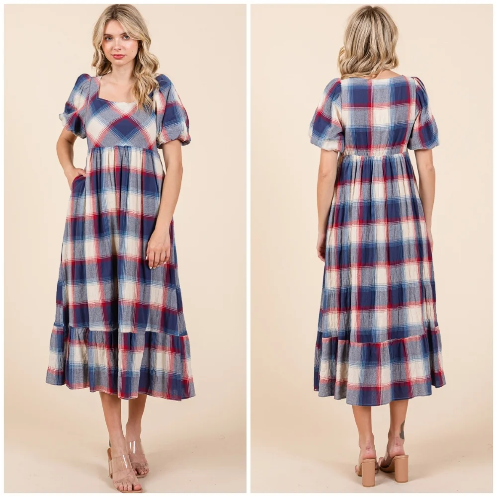 POLAGRAM Plaid Pattern Short Sleeves Midi Dress - Picture 5 of 11